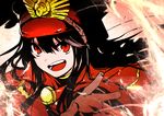  :d black_hair brown_gloves fate/grand_order fate_(series) floating_hair gloves hair_between_eyes hat long_hair looking_at_viewer military_hat oda_nobunaga_(fate) open_mouth red_eyes sakano_anri smile solo upper_body 