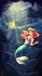  2018 5_fingers absurd_res ariel_(disney) beige_skin blue_eyes book bottle bubble chain depth_of_field detailed_background digital_media_(artwork) digital_painting_(artwork) disney duo eyelashes female fin fish flounder grotto hair hi_res long_hair looking_at_another marine merfolk red_hair sakushosick scales seashell_bra signature smile tail_fin teal_scales the_little_mermaid treasure_chest underwater water yellow_scales 