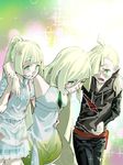  2girls ahoge arm_around_shoulder arm_support backlighting blonde_hair blush brother_and_sister clenched_teeth crying family gladio_(pokemon) green_eyes high_ponytail injury lillie_(pokemon) lusamine_(pokemon) mother_and_daughter mother_and_son multiple_girls open_mouth pleated_skirt pokemon pokemon_(game) pokemon_sm pokemon_usum sandwiched shirotenba_books siblings skirt smile sweat sweatdrop teeth 