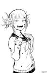  1girl bangs blood blood_on_face bloody_clothes bloody_hair blunt_bangs blush boku_no_hero_academia calendarv dated double_bun fangs hair_bun highres messy_hair monochrome open_mouth pointing pointing_at_self school_uniform serafuku skirt smile solo toga_himiko upper_body 