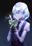  absurdres alternate_costume androgynous bangs black_background black_neckwear black_skirt blue_eyes blue_hair closed_mouth collared_shirt colored_eyelashes diamond_(houseki_no_kuni) eyelashes flower gloves hair_between_eyes highres hiroshiko_(restart) holding houseki_no_kuni leaf light_particles looking_at_viewer shiny shiny_hair shirt short_sleeves silver_hair simple_background skirt smile solo suspender_skirt suspenders vase white_gloves white_shirt wing_collar 