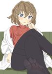  1girl blue_eyes blush brown_hair couch feet haibara_ai labcoat looking_at_viewer meitantei_conan miyano_shiho no_shoes pantyhose parted_lips pov pov_feet sitting soles sweater toes 