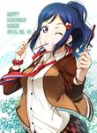  ;d anibache bangle blue_hair blush bracelet commentary_request dated food grin happy_birthday holding holding_food jacket jewelry love_live! love_live!_sunshine!! matsuura_kanan mouth_hold necktie one_eye_closed open_mouth plaid plaid_skirt pleated_skirt pocky polka_dot polka_dot_scrunchie ponytail purple_eyes red_scrunchie scrunchie skirt smile solo upper_body wing_collar wrist_scrunchie 