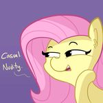  2016 bust_portrait dialogue english_text equine eyebrows eyelashes female feral fluttershy_(mlp) friendship_is_magic fur hair half-closed_eyes hi_res inner_ear_fluff mammal my_little_pony nude open_mouth open_smile pink_hair portrait purple_background silly simple_background smile solo teeth text tjpones tongue 