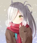  absurdres ahoge asashimo_(kantai_collection) blue_neckwear blush breath brown_coat coat commentary duffel_coat eyebrows_visible_through_hair gradient gradient_background hair_over_one_eye hand_up highres kantai_collection long_hair long_sleeves looking_to_the_side nari_(narikashi) red_scarf scarf side_ponytail silver_hair sleeves_past_wrists smile snowing solo upper_body yellow_eyes 