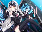 armpits black_legwear black_leotard breasts chromatic_aberration code:_ultimate_(elsword) detached_sleeves elsword eve_(elsword) facial_mark floating_hair gloves highres leotard long_hair looking_at_viewer signature silver_hair sitting small_breasts solo thighhighs very_long_hair white_gloves xes_(xes_5377) yellow_eyes 