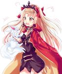  anger_vein animal bangs blonde_hair cape earrings ereshkigal_(fate/grand_order) fate_(series) fou_(fate/grand_order) hair_ribbon highres hizaka holding holding_animal jewelry long_hair multicolored multicolored_cape multicolored_clothes necklace parted_bangs red_cape red_eyes red_ribbon ribbon simple_background skull two_side_up white_background yellow_cape 