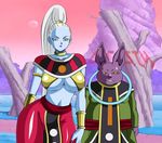  1boy 1girl bracelet breasts champa cleavage curly_hair dicasty dragon_ball dragon_ball_super hips large_breasts lipstick long_hair navel ponytail purple_lipstick stomach together vados_(dragon_ball) very_long_hair wide_hips 