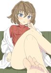  1girl barefoot blue_eyes blush brown_hair couch feet haibara_ai labcoat looking_at_viewer meitantei_conan miyano_shiho parted_lips pov pov_feet sitting soles sweater toes 