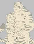  2018 abs anthro butt eyes_closed feline fur lin_hu male male/male mammal monochrome muscular muscular_male nekojishi nude pubes shu-chi simple_background standing tiger 