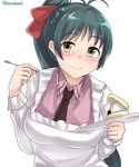  absurdres antenna_hair apron aqua_hair bangs breasts collared_shirt frilled_apron frills green_eyes hair_ribbon highres holding holding_plate holding_spoon irako_(kantai_collection) kantai_collection kappougi kiritto long_hair long_sleeves looking_at_viewer medium_breasts necktie pink_shirt plate ponytail red_ribbon ribbon shiny shiny_hair shirt simple_background solo spoon tareme twitter_username upper_body white_apron white_background wing_collar 