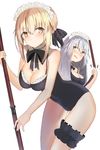  alternate_costume artoria_pendragon_(all) artoria_pendragon_(swimsuit_rider_alter) black_ribbon black_swimsuit blonde_hair blush breasts casual_one-piece_swimsuit choker cleavage fate/grand_order fate_(series) hair_between_eyes highres holding jeanne_d'arc_(alter)_(fate) jeanne_d'arc_(fate)_(all) long_hair maid_headdress medium_breasts miamuly multiple_girls neck_ribbon one-piece_swimsuit open_mouth ribbon saber_alter sidelocks silver_hair simple_background swimsuit thigh_strap white_background yellow_eyes 