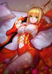  absurdres aestus_estus ahoge bad_id bad_pixiv_id bed blonde_hair breasts corset fate/extra fate_(series) green_eyes highres holding holding_sword holding_weapon large_breasts light_smile looking_at_viewer lying nero_claudius_(fate) nero_claudius_(fate)_(all) on_back on_bed pillow pre_(17194196) short_hair solo sword weapon 