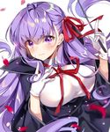  &gt;:) bb_(fate)_(all) bb_(fate/extra_ccc) bow bowtie breasts cape commentary_request fate/extra fate/extra_ccc fate_(series) gloves hair_bow hair_ribbon holding large_breasts long_hair looking_at_viewer pingo purple_eyes purple_hair ribbon simple_background smile solo v-shaped_eyebrows wand white_gloves 