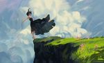  barefoot black_dress black_hair cliff cloud cloudy_sky day dress falling floating_hair flower grass loika open_mouth original outstretched_arms sky sleeveless solo spread_arms watermark wide_shot 