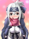  ainu_clothes backlighting bandaged_arm bandages blue_gloves blurry blurry_background blush box breasts brown_eyes chain depth_of_field embarrassed eyebrows_visible_through_hair fingerless_gloves gift gift_box gloves headband holding holding_gift kamoi_(kantai_collection) kantai_collection leaning_forward long_hair long_sleeves looking_at_viewer medium_breasts nose_blush polka_dot raised_eyebrows red_ribbon ribbon shiny shiny_hair sidelocks silver_hair solo tareme valentine wide_sleeves yukimi_unagi 