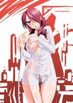  blush breasts cameltoe curvy ebido hair_over_one_eye kirijou_mitsuru large_breasts long_hair nipples panties persona persona_3 red_hair see-through solo underwear wet 