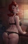  1girl 2018 ass athena_(pokemon) back bags_under_eyes black_bra black_panties blush bra breasts butt_crack cameo chest_of_drawers coffee_mug coffee_pot commentary cowboy_shot creatures_(company) cup dusk earrings english_commentary from_behind game_freak highres jewelry lace lace-trimmed_bra lace-trimmed_panties large_breasts lips lipstick looking_back makeup mature medium_hair mug nintendo nose panties patreon_username photo_(object) pokemon pokemon_(game) pokemon_hgss pompadour red_eyes red_hair shutter skindentation solo standing sweat underwear underwear_only yellowroom 