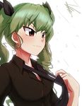  &gt;:) adjusting_clothes adjusting_necktie anchovy bangs black_neckwear black_ribbon black_shirt breasts cleavage closed_mouth collared_shirt eyebrows_visible_through_hair girls_und_panzer green_hair hair_ribbon long_hair looking_afar medium_breasts necktie no_bra preesoul red_eyes ribbon serious shirt signature simple_background solo twintails upper_body v-shaped_eyebrows white_background wing_collar 