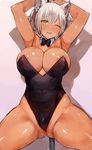  animal_ears areola_slip areolae armpits arms_up bare_legs blush bow bowtie breasts c.cu cleavage dark_skin detached_collar green_eyes large_breasts leotard looking_at_viewer original playboy_bunny_leotard pole pole_dancing short_hair silver_hair solo 