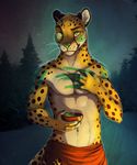  2018 5_fingers anthro cheetah clothed clothing digital_media_(artwork) feline fuckie fur green_eyes green_nose looking_at_viewer male mammal navel paint smile solo spots spotted_fur topless whiskers 