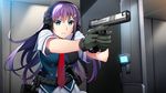  aqua_eyes braids front_wing fukami_reina game_cg gloves grisaia:_phantom_trigger gun headphones long_hair purple_hair seifuku skirt tie watanabe_akio weapon 