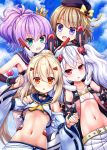  :d :o absurdres animal_ears ayanami_(azur_lane) azur_lane bangs belt belt_buckle beret bikini_top black_gloves black_hairband black_jacket blue_sailor_collar blue_skirt blue_sky bluebird_(bluebird90) blush bow breasts brown_belt brown_eyes brown_hair buckle bunny_ears cloud cloudy_sky commentary_request crown day eyebrows_visible_through_hair fingerless_gloves fingernails fur-trimmed_jacket fur_trim gloves green_eyes hair_between_eyes hair_ornament hairband hairclip hat headgear headphones headphones_around_neck highres holding_hands jacket javelin_(azur_lane) laffey_(azur_lane) light_brown_hair long_sleeves looking_at_viewer midriff mini_crown multiple_girls navel open_clothes open_jacket open_mouth outdoors parted_lips pleated_skirt purple_eyes purple_hair purple_hat purple_sailor_collar red_eyes remodel_(azur_lane) sailor_collar school_uniform serafuku shirt silver_hair skirt sky sleeveless sleeveless_shirt smile tilted_headwear underboob v-shaped_eyebrows white_bikini_top white_skirt wide_sleeves yellow_bow z23_(azur_lane) 