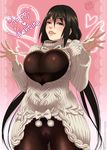 black_eyes black_legwear blush breasts cleavage_cutout commentary_request english hounyouin large_breasts long_hair meme_attire nipples open-chest_sweater open_mouth original pantyhose ribbed_sweater see-through solo sweater turtleneck turtleneck_sweater valentine 