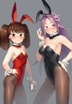  ahoge alternate_costume animal_ears armpits bangs bare_shoulders black_bow black_hairband black_leotard black_neckwear blush bow bowtie breasts brown_eyes brown_legwear bunny_ears bunny_tail bunnysuit cleavage contrapposto covered_navel cowboy_shot cup detached_collar drinking_glass flat_chest gahaku grey_background hairband hand_on_hip holding holding_cup ice ice_cube jun'you_(kantai_collection) kantai_collection large_breasts legs_apart leotard long_hair looking_at_viewer multiple_girls nose_blush pantyhose parted_bangs purple_eyes purple_hair red_bow red_leotard red_neckwear ryuujou_(kantai_collection) shiny shiny_skin simple_background standing straight_hair strapless strapless_leotard tail twintails v-shaped_eyebrows very_long_hair wrist_cuffs 