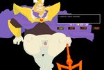  2018 absurd_res anthro asgore_dreemurr balls beard black_background blonde_hair blush boss_monster bottomless cape caprine chastity chastity_cage clothed clothing crown daire301 digital_drawing_(artwork) digital_media_(artwork) english_text facial_hair fur goat hair hi_res horn long_ears male mammal penis royalty simple_background solo text undertale video_games white_fur 