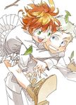  1boy 1girl blonde_hair blue_eyes duo emma_(yakusoku_no_neverland) green_eyes hug_from_behind leaf messy_hair norman_(yakusoku_no_neverland) orange_hair simple_background smile white_background white_clothes yakusoku_no_neverland 