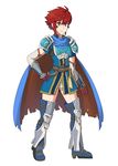  armor blue_eyes blue_hair cape cosplay fire_emblem fire_emblem:_fuuin_no_tsurugi fire_emblem_heroes fire_emblem_if full_body gloves highres hinoka_(fire_emblem_if) looking_at_viewer red_eyes red_hair roy_(fire_emblem) roy_(fire_emblem)_(cosplay) sarukaiwolf short_hair simple_background smile solo white_background 