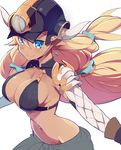  9law almeida_(granblue_fantasy) bikini_top blonde_hair blue_eyes breasts cleavage closed_mouth dark_skin draph earrings granblue_fantasy helmet horns jewelry long_hair looking_at_viewer medium_breasts navel_piercing piercing pointy_ears simple_background smile solo twintails white_background 