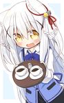  :d absurdres animal_ears ayanepuna bell blue_background borrowed_character bow coffee commentary_request cosplay creamer_(vessel) cup ear_ribbon fang fox_ears gochuumon_wa_usagi_desu_ka? hair_bell hair_ornament highres kafuu_chino kafuu_chino_(cosplay) long_hair long_sleeves open_mouth original rabbit_house_uniform saucer shiyou_(kouda_suzu) simple_background skirt smile teacup two-tone_background uniform vest waitress white_background white_hair yellow_eyes 