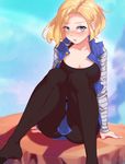  android_18 animeflux black_legwear blonde_hair blue_eyes blush collarbone commentary dragon_ball dragon_ball_z looking_at_viewer no_shoes open_mouth pantyhose short_hair sitting solo 