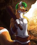  2018 5_finger 5_fingers anthro black_nose canine clothed clothing detailed_background digital_media_(artwork) fuckie fur green_eyes green_hair hair male mammal solo tan_fur topless 