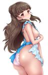  apron ass breasts brown_hair cowboy_shot hair_bun highres idolmaster idolmaster_cinderella_girls kamiya_nao light_smile long_hair maruwa_tarou medium_breasts naked_apron panties red_eyes sideboob simple_background solo thick_eyebrows underwear white_background 