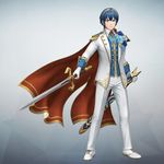  3d blue_eyes blue_hair falchion_(fire_emblem) fire_emblem fire_emblem:_monshou_no_nazo fire_emblem_musou formal full_body game_model looking_at_viewer male_focus marth official_art simple_background solo suit sword weapon white_suit 