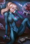  aroma_sensei artist_name bangs blonde_hair blue_bodysuit bodysuit breasts cellphone claws covered_navel creature feet_out_of_frame high_ponytail highres holding holding_phone impossible_clothes knee_up lips long_hair looking_afar looking_to_the_side metroid metroid_(creature) open_mouth phone ponytail samus_aran shiny shiny_skin shooting_star sitting skin_tight smartphone solo space stun_gun swept_bangs talking_on_phone watermark web_address window zero_suit 