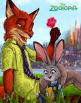  2016 absurd_res amand4 anthro arm_support canine cellphone chest_tuft clothing disney duo female food fox grass happy hi_res holding_food holding_object holding_phone judy_hopps lagomorph male mammal nick_wilde open_mouth pawpsicle phone police_uniform popsicle rabbit sitting smile tuft uniform zootopia 