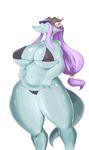  2018 4_fingers anthro big_breasts bikini blue_skin breasts cleavage clothed clothing digital_media_(artwork) ear_piercing eyewear fangs female hair hi_res horn lizard long_hair long_tail looking_at_viewer micro_bikini minoss navel piercing pose purple_hair red_eyes reptile scalie side_boob simple_background smile solo standing sunglasses swimsuit thick_thighs under_boob white_background wide_hips 