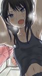  all_fours armpits arms black_hair black_shirt blush commentary_request droplet dutch_angle exhausted foreshortening from_below heavy_breathing highres idolmaster idolmaster_shiny_colors indoors inu_chikushou kazano_hiori long_hair looking_at_viewer mole mole_under_mouth navel open_mouth purple_eyes shirt shirt_lift solo_focus stained_clothes sweat tank_top track_suit 