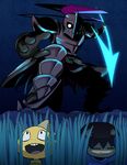  2others androgynous armor energy_weapon frisk_(undertale) glowing glowing_eye grass hiding houten_(dre_a_mer) monster_girl monster_kid_(undertale) multiple_others polearm ponytail red_hair smile spear tears teeth undertale undyne weapon 