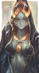  absurdres blue_skin breasts breasts_apart highres hood long_hair looking_at_viewer medium_breasts midna midna_(true) orange_hair pointy_ears red_eyes seuyan simple_background smile solo spoilers the_legend_of_zelda the_legend_of_zelda:_twilight_princess 