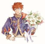  :3 absurdres armor blue_eyes cape eliwood_(fire_emblem) fire_emblem fire_emblem:_rekka_no_ken fire_emblem_heroes flower highres looking_at_viewer male_focus red_hair smile solo tecchen white_background 