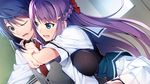  aoi_haruto aqua_eyes black_eyes blue_hair braids breasts front_wing fukami_reina game_cg grisaia:_phantom_trigger hug long_hair male purple_hair tie watanabe_akio wink 