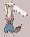  anthro barefoot blonde_hair blush clothed clothing dripping eyes_closed female hair holding_object long_hair mammal mustelid nobby_(artist) overalls paint paint_roller pink_nose simple_background smile solo standing weasel 
