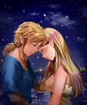  1girl bare_shoulders blonde_hair blue_eyes blue_shirt blush breasts brown_gloves closed_mouth cloud dress earrings fireflies gloves green_eyes half-closed_eyes hand_on_another's_chin highres horizon jewelry lake link lips long_hair looking_down low_ponytail medium_breasts night night_sky pointy_ears princess_zelda shiny shiny_hair shirt short_sleeves sidelocks sky straight_hair strapless strapless_dress the_legend_of_zelda the_legend_of_zelda:_breath_of_the_wild thick_eyebrows underbust upper_body wasabi_(legemd) water white_dress 