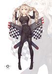  :d ahoge arms_up bangs black_bodysuit blonde_hair blue_eyes blush bodysuit breasts buckle bunching_hair checkered checkered_flag collarbone covered_navel eyebrows_visible_through_hair flag full_body hair_ornament hairpin highres large_breasts legs_apart long_hair looking_at_viewer mechanical_wings open_mouth oppai_loli original shiny shiny_clothes sidelocks skin_tight skindentation smile solo standing sweat twintails white_background wings yong_mei-uta zoom_layer 