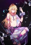  barefoot blonde_hair blush bug butterfly chain character_request closed_mouth copyright_request cuffs eyebrows highres insect long_hair looking_at_viewer luode_huayuan navel red_eyes shackles smile solo 